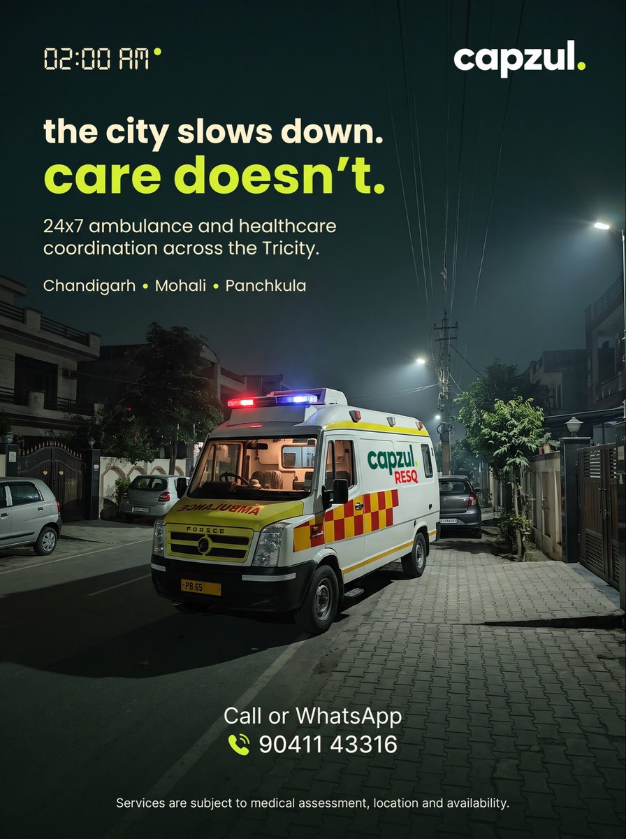 getcapzul's tweet photo. The city may slow down. Care doesn’t. 🌙🚑

Whether it’s late at night or early in the morning, CAPZUL helps coordinate ambulance and healthcare support across Chandigarh, Mohali and Panchkula.

Available 24x7 across the Tricity.

📞 Call or WhatsApp: 90411 43316 https://t.co/oaPmUk54Ak
