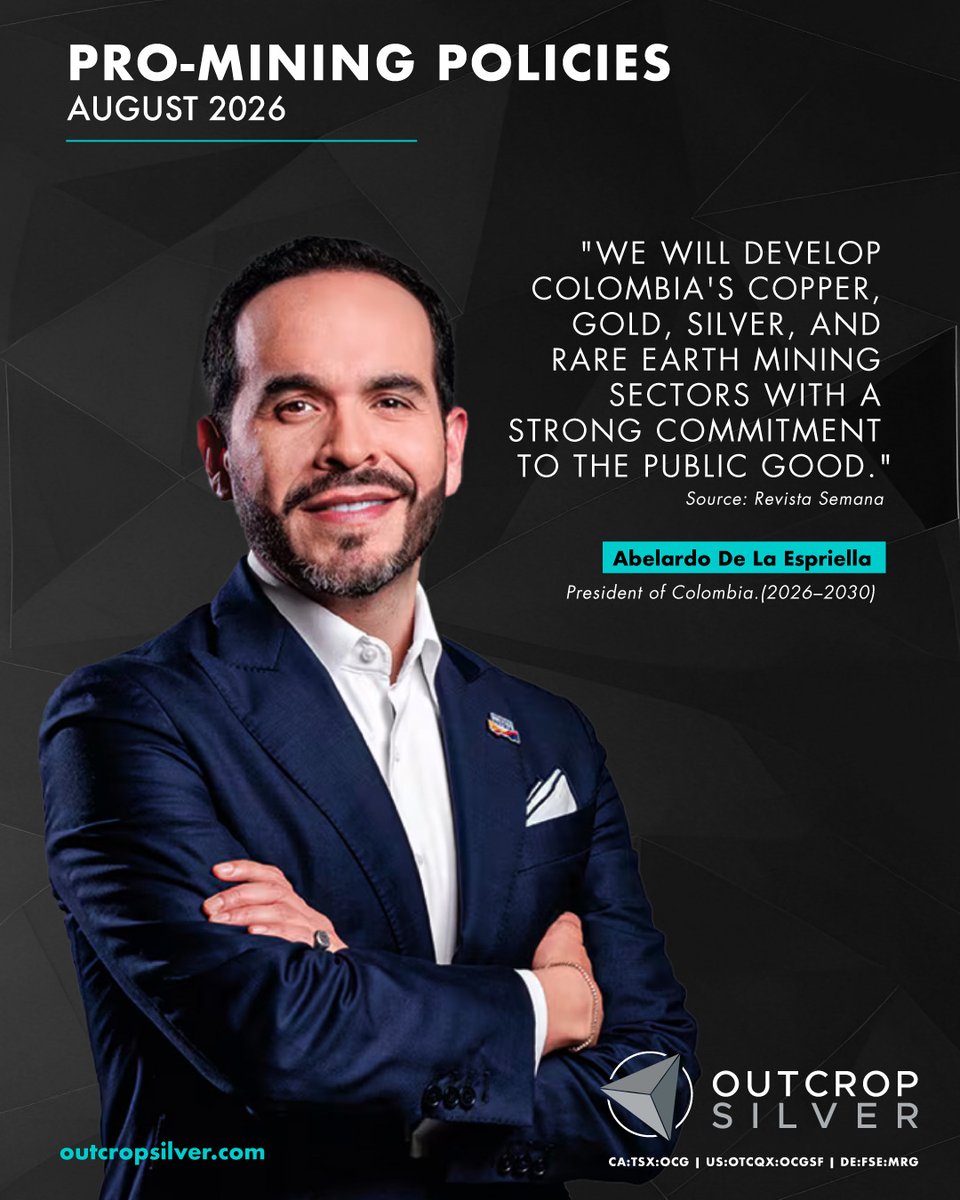 OCG_Silver's tweet photo. Silver is becoming increasingly important as governments around the world recognize the strategic role of responsible mineral development.

As Colombia's new administration begins its term, President Abelardo De La Espriella has publicly stated his support for the development of the country's silver, copper, gold, and rare earth mining sectors.

Source: @RevistaSemana 
https://t.co/EIhzhNQo85

$OCG.TO $OCGSF #Silver @OCG_Silver
Outcrop Silver: Grade Within Reach.