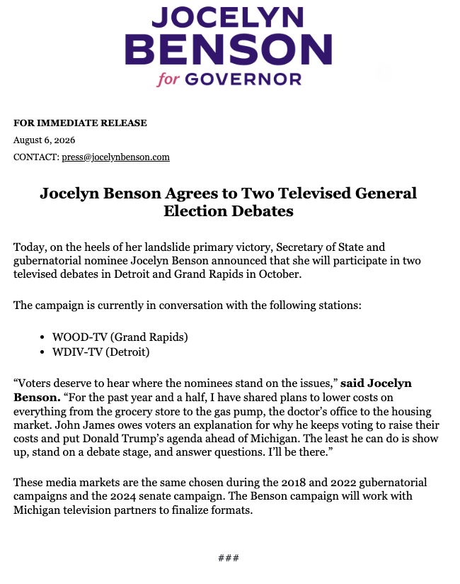 AlyssaLBradley's tweet photo. NEW: @JocelynBenson agrees to two televised general election debates.   

Jocelyn has shared her plans to bring down costs – now she's ready to share them on the debate stage and make sure John James answers for putting Trump's cost-raising agenda ahead of Michiganders. https://t.co/YOX5VrGtFM