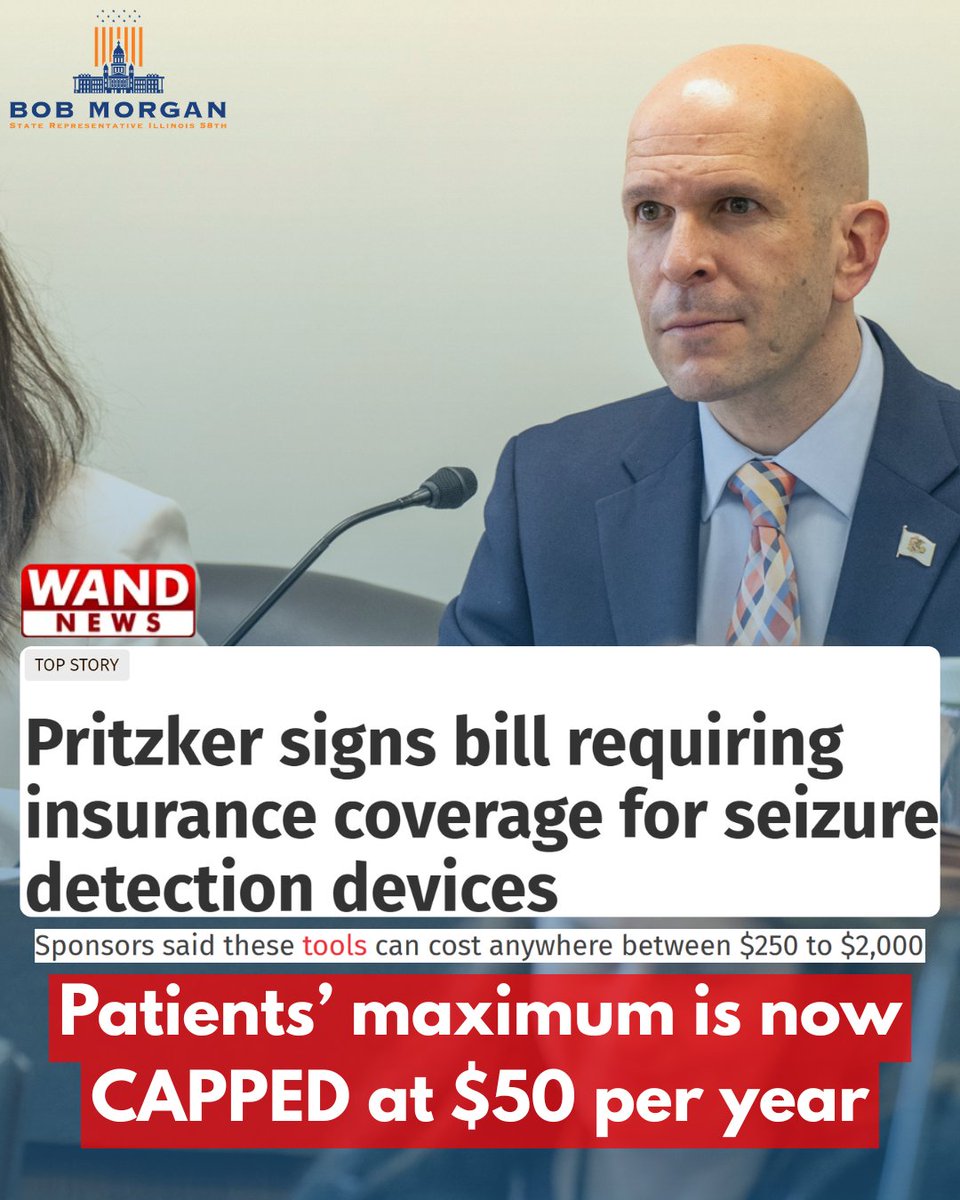RepBobMorgan's tweet photo. This week, @GovPritzker signed my bill, SB2762, into law, extending insurance coverage for life-saving seizure detection devices and capping patient costs at $50 per year. (1/3)
#healthcare #insurance #Illinois 
@replilly78 @EpilepsyFdn @EpilepsyChicago  @DannyDidOrg https://t.co/4PxUGbSNEX