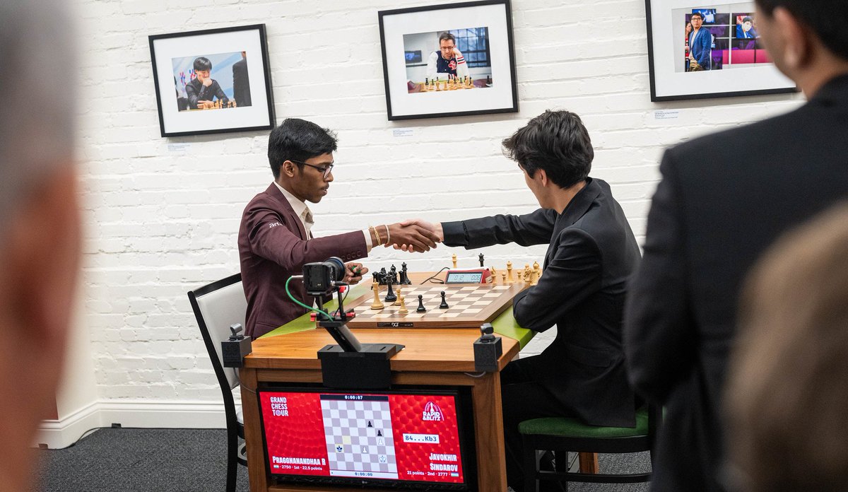GrandChessTour's tweet photo. What a finish! 🤝
A draw between Praggnanandhaa and Javokhir Sindarov in their final head-to-head secured the title for Pragg with one round to spare!
These two young stars gave us one of the best rivalries of the tournament, pushing each other until the very end with fighting chess and incredible determination!
Congratulations to Praggnanandhaa on his first Grand Chess Tour Rapid & Blitz title, and kudos to Sindarov for an outstanding performance that kept the race alive until the final showdown!
Photos by Lennart Ootes/ #grandchesstour