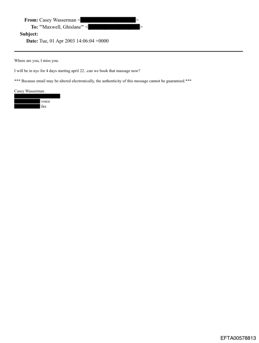 epsteinsearchin's tweet photo. Casey Wasserman chairs the 2028 Los Angeles Olympics.

April 1, 2003. He emailed Ghislaine Maxwell: "Where are you, I miss you." Then he asked her to book him a massage for his four days in New York.

The mayor asked him to resign. He refused. https://t.co/9vWm2apDz5