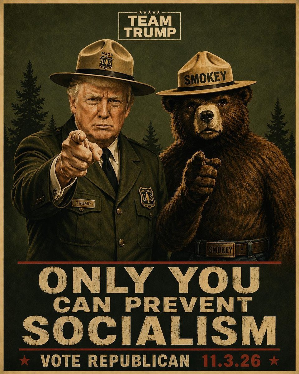 TrumpvoiceQ's tweet photo. This November, President Donald J. Trump and Smokey Bear want you to vote Republican to help prevent socialism. 🫵🐻🗳️🇺🇸 https://t.co/F1vs6HqmMx