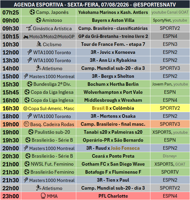 EsportesNaTV's tweet photo. A agenda esportiva desta SEXTA-FEIRA (07/08/2026) https://t.co/SnJBqmtEfb