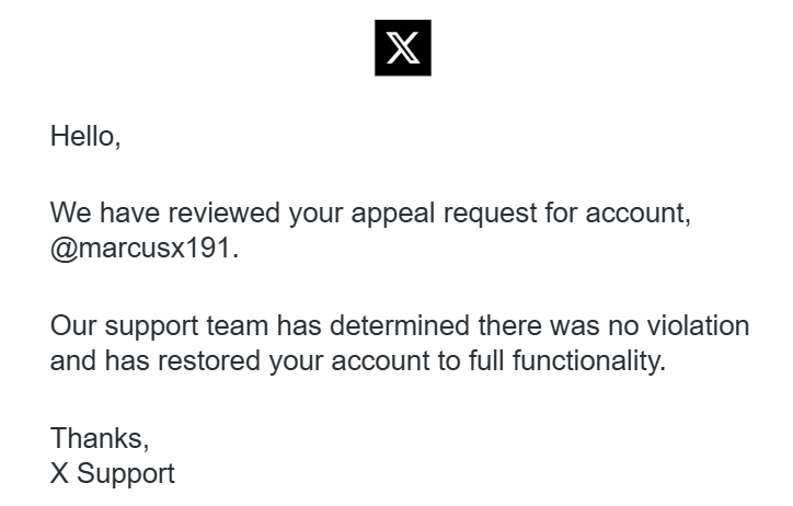 marcusx191's tweet photo. I'm unsuspended! Thank you so much @X for unsuspending me! https://t.co/VA1ON7RyKs
