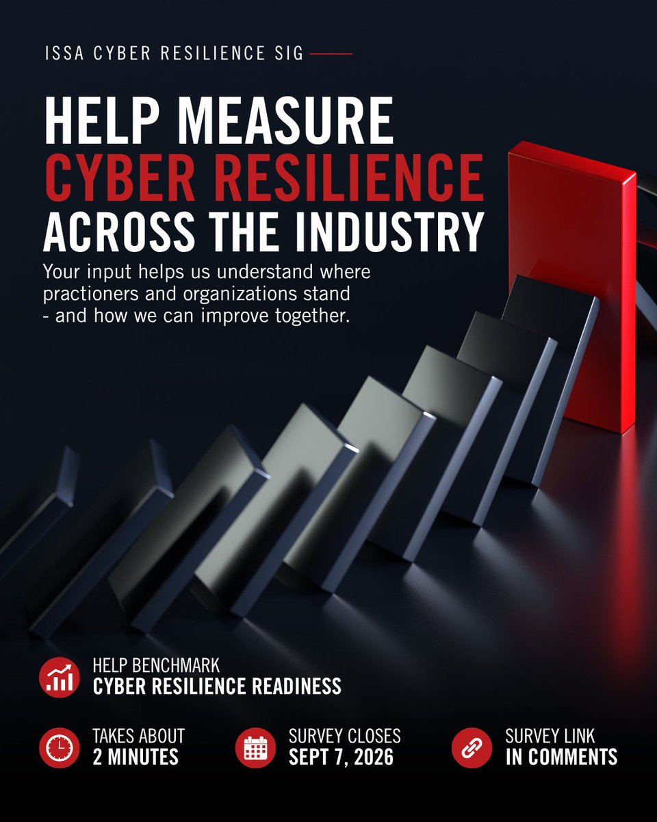 ISSAINTL's tweet photo. How cyber-resilient is your organization? 🛡️
Share your insights to help shape the future of cyber resilience: 

📊 Results will be revealed during the Cyber Resilience Awareness Day, Oct 14.
#CyberResilience #CyberSecurity #CyberResilienceAwareness #CyberLeadership https://t.co/53Pe1oSC5V