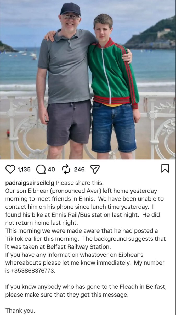 FeileBelfast's tweet photo. 14 year old Eibher Considine from Ennis, County Clare, is missing from home.

It is believed he may be in Belfast for Féile or Fleadh.

Tonight Féile made an appeal from the stage at the Kneecap concert.

If anyone knows Eibher’s whereabouts please contact his family on the number in the graphic.