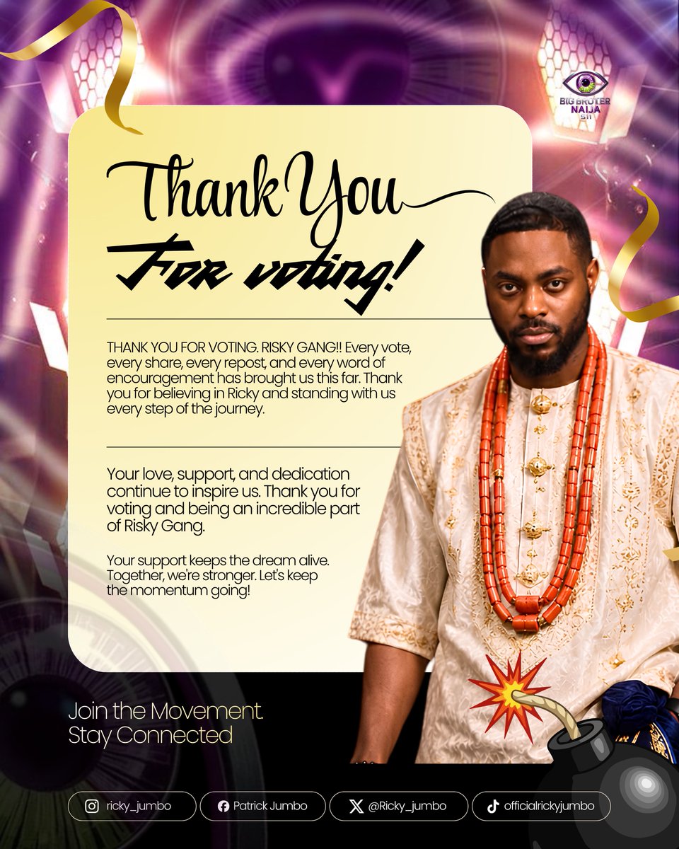 Ricky_jumbo's tweet photo. Risky Gang, the real MVPs!!! 🫡💣

We see every vote, every campaign, every repost, and all the love you’ve shown Ricky. Thank you so much for standing ten toes down and voting for him! ❤️‍🔥

We hope for the best 🙏

#BBNaija #RickyJumbo https://t.co/1FESARHfR0