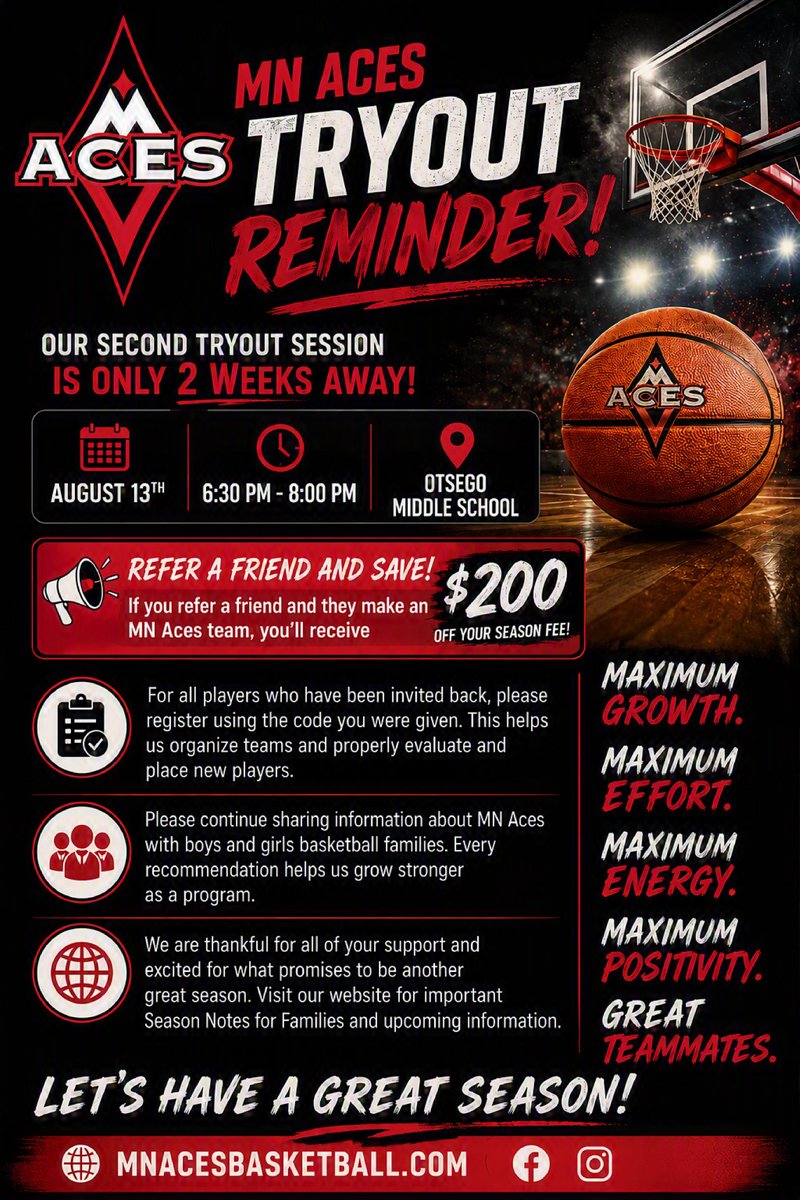 MNAcesBB's tweet photo. Register now! Tryout #2 at Otsego Middle School August 13th 6:30-8pm!! https://t.co/5tP2KSz6lz