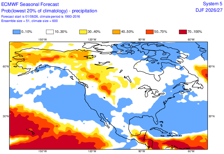 Weather_West's tweet photo. Aug update from ECMWF predictive ensemble is genuinely extraordinary from extreme #ElNiño perspective. One implication: it is now indicating not only 70-100% odds of above avg winter precip California-wide, but also 70-100% odds of DJF 26-27 being among the top 20% of wettest CA winters (!).