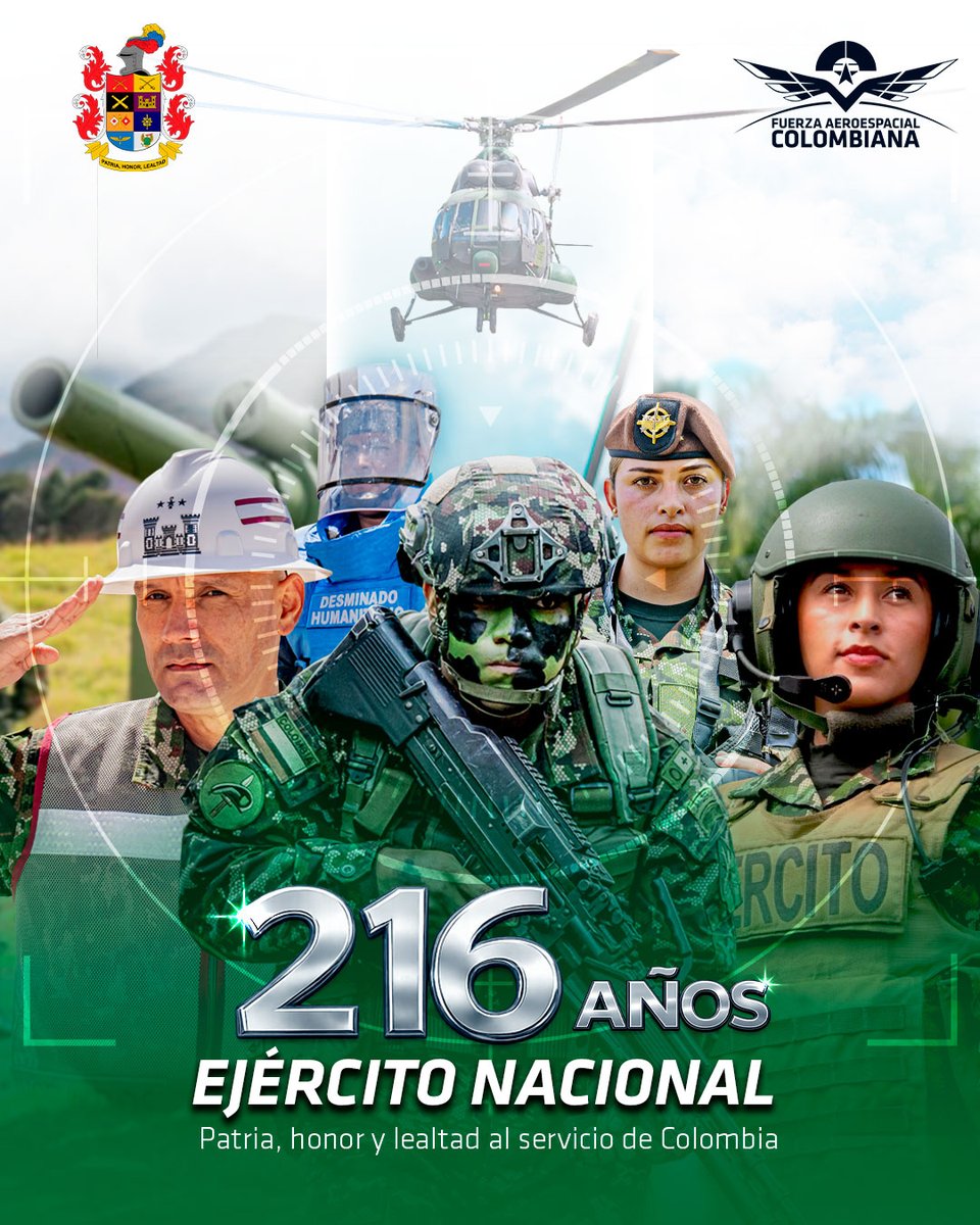 FuerzaAereaCol's tweet photo. A nuestros hermanos del @COL_EJERCITO, reciban un fraternal saludo en su aniversario.

Reconocemos con respeto y admiración el legado de una institución que, con honor, disciplina y valor, ha servido incansablemente a la Nación. Que esta conmemoración fortalezca el espíritu de cuerpo y el compromiso conjunto que compartimos como Fuerzas Militares para defender la soberanía, preservar la seguridad y velar por el bienestar de todos los colombianos.

¡Feliz aniversario!

#AdAstra🚀