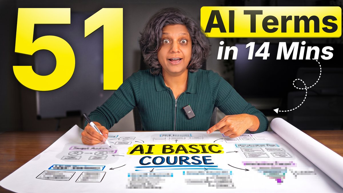 pvergadia's tweet photo. 🚀 51 AI Terms explained in 14 minutes: Let's play the game together! Video in comments, let me know how you like this format, I had a lot of fun recording it! 

▶️ Artificial Intelligence (AI)  
▶️ Machine Learning (ML)  
▶️  Deep Learning  
▶️  Large Language Model (LLM)  
▶️  Small Language Model (SLM)  
▶️  Neural Network  
▶️  Parameters  
▶️  Tokenization  
▶️  Vector
▶️  Embedding  
▶️  Vector Space  
▶️  Attention Mechanism  
▶️  Self-Attention  
▶️  Transformer  
▶️  Context Window  
▶️  Positional Encoding  
▶️  Training  
▶️  Pretraining  
▶️  Self-Supervised Learning  
▶️  Supervised Learning  
▶️  Fine-Tuning  
▶️  Reinforcement Learning  
▶️  RLHF  
▶️  Alignment  
▶️  Prompt Engineering  
▶️  Zero-Shot Prompting  
▶️  Few-Shot Prompting  
▶️  Chain of Thought  
▶️  System Prompt  
▶️  Context Engineering  
▶️  RAG (Retrieval-Augmented Generation)  
▶️  Vector Database  
▶️  Semantic Search  
▶️  Cosine Similarity  
▶️  Knowledge Graph  
▶️  Grounding  
▶️  Function Calling
▶️  Tool Use  
▶️  MCP (Model Context Protocol)  
▶️  AI Agent  
▶️  Agentic AI  
▶️  Multi-Agent 
▶️  System Orchestration  
▶️  Multimodal Model  
▶️  Diffusion Model  
▶️  Reasoning Model  
▶️  Mixture of Experts (MoE)  
▶️  Distillation  
▶️  Quantization  
▶️ Hallucination  
▶️ Temperature  
▶️  Latency

Video link: https://t.co/DIn3cEXDal

#learnai #AIAgents #AIVocabulary #AITerms