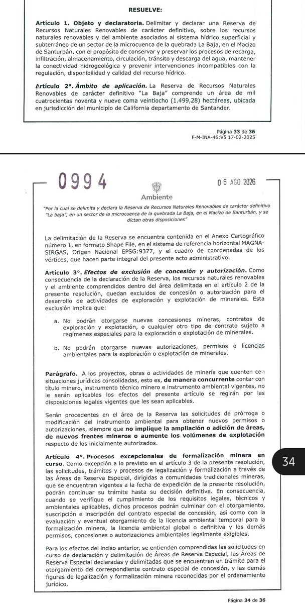 ComiteSanturban's tweet photo. 🚨 #Atención | @MinAmbienteCo dejó en firme las áreas de reserva definitiva en La Baja y las áreas de reserva temporal hasta 2029 en Santurbán. ¡Se le cierran las puertas al proyecto de ARIS Mining!

Más de 8.000 firmas y 17 años de movilización ciudadana respaldan esta decisión. Las mineras intentarán tumbarla; el pueblo colombiano deberá defenderla en las calles. ¡El agua de más de dos millones de personas no se negocia! 💧✊