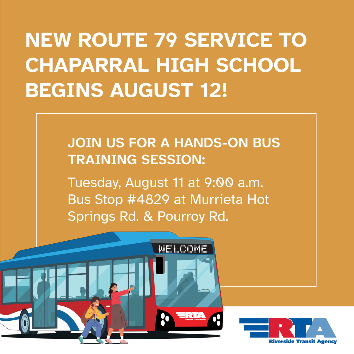 RTABus's tweet photo. 🚌 New Route 79 to Chaparral High starts August 12! Join training August 11, 9 a.m. at Bus Stop #4829. 🎉 Youth Ride Free till 2027! 

#RiversideTransit #ChaparralHighSchool #YouthRideFree #BackToSchool #TravelTraining https://t.co/RSjVHjhSAi