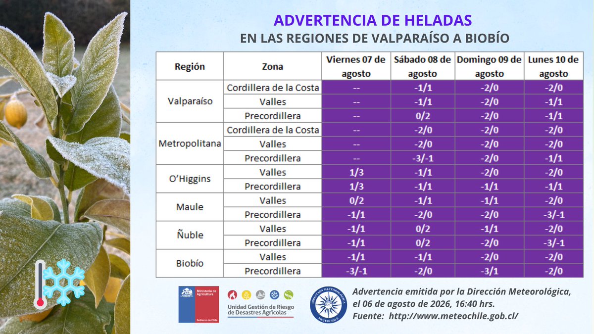 AgroClimaticoCL's tweet photo. ❄️ADVERTENCIA AGROMETEOLÓGICA de heladas en las regiones de Valparaíso a Biobío del 7 al 10 de agosto.
Revise el sistema de alerta temprana de heladas en https://t.co/eBTV1wUCOV
@MinagriCL @Sub_Agricultura @meteochile_dmc @Senapred https://t.co/jPfhEwqU91