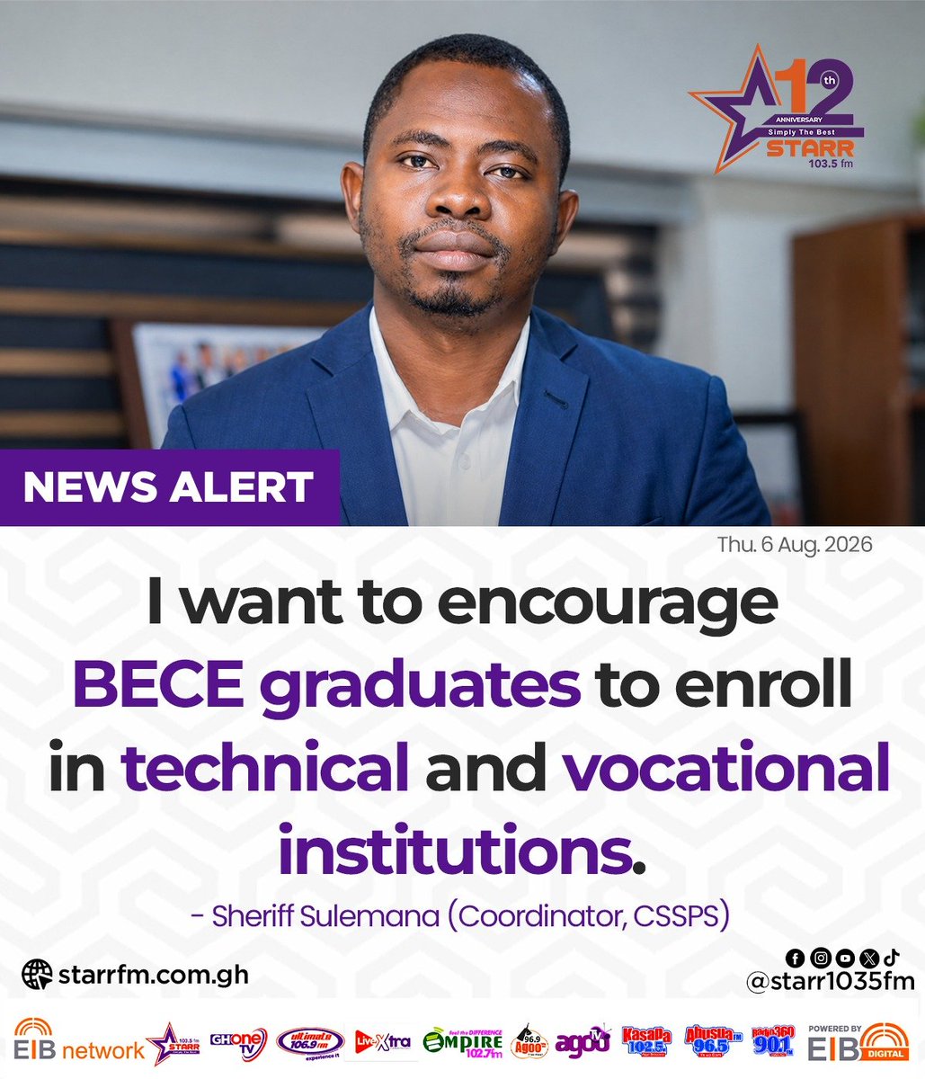 ghonetv's tweet photo. I want to encourage BECE graduates to enroll in technical and vocational institutions... - Sheriff Sulemana (Coordinator, CSSPS)

#StarrFM
#GHOneNews #EIBNetwork
#GHOneTV #NewsAlert https://t.co/NKNAo9PYwn