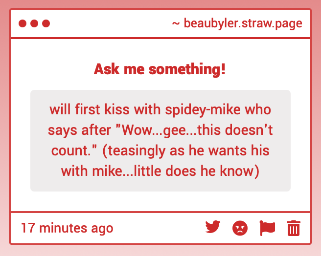 beaubyler's tweet photo. mike, under the mask like "??? wdym this doesn't count. this VERY MUCH COUNTS" and when will tells him he was saving his first kiss for someone else... OHHH have you ever seen a man jealous of himself? mike swings back home huffing and puffing up a storm https://t.co/eWWDnnBMYH
