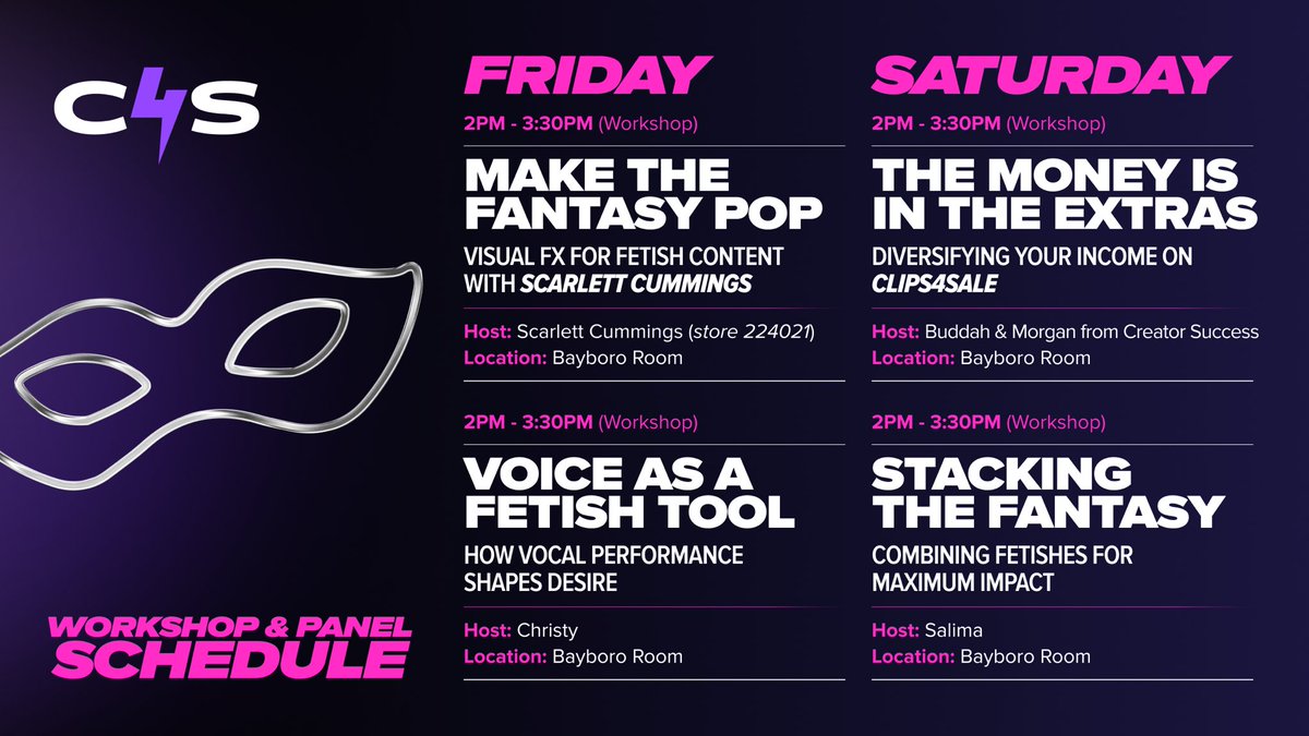 clips4sale's tweet photo. Here is everything on at the C4S @FetishCon workshops and panels this year. Four sessions, hosted by creators from our community, covering the things that actually make a difference to your work. https://t.co/4LtYR0TZ5S