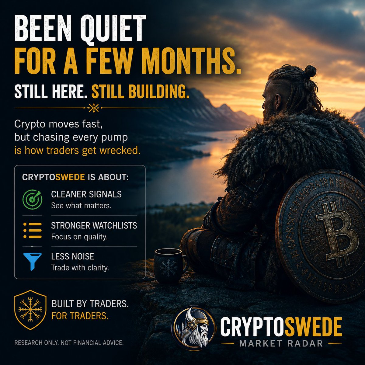 CryptoSwedeHQ's tweet photo. Been quiet for a few months.
Still here. Still building.
Cleaner signals. Less noise.
#Crypto #Altcoins https://t.co/jzS9DLmMsU