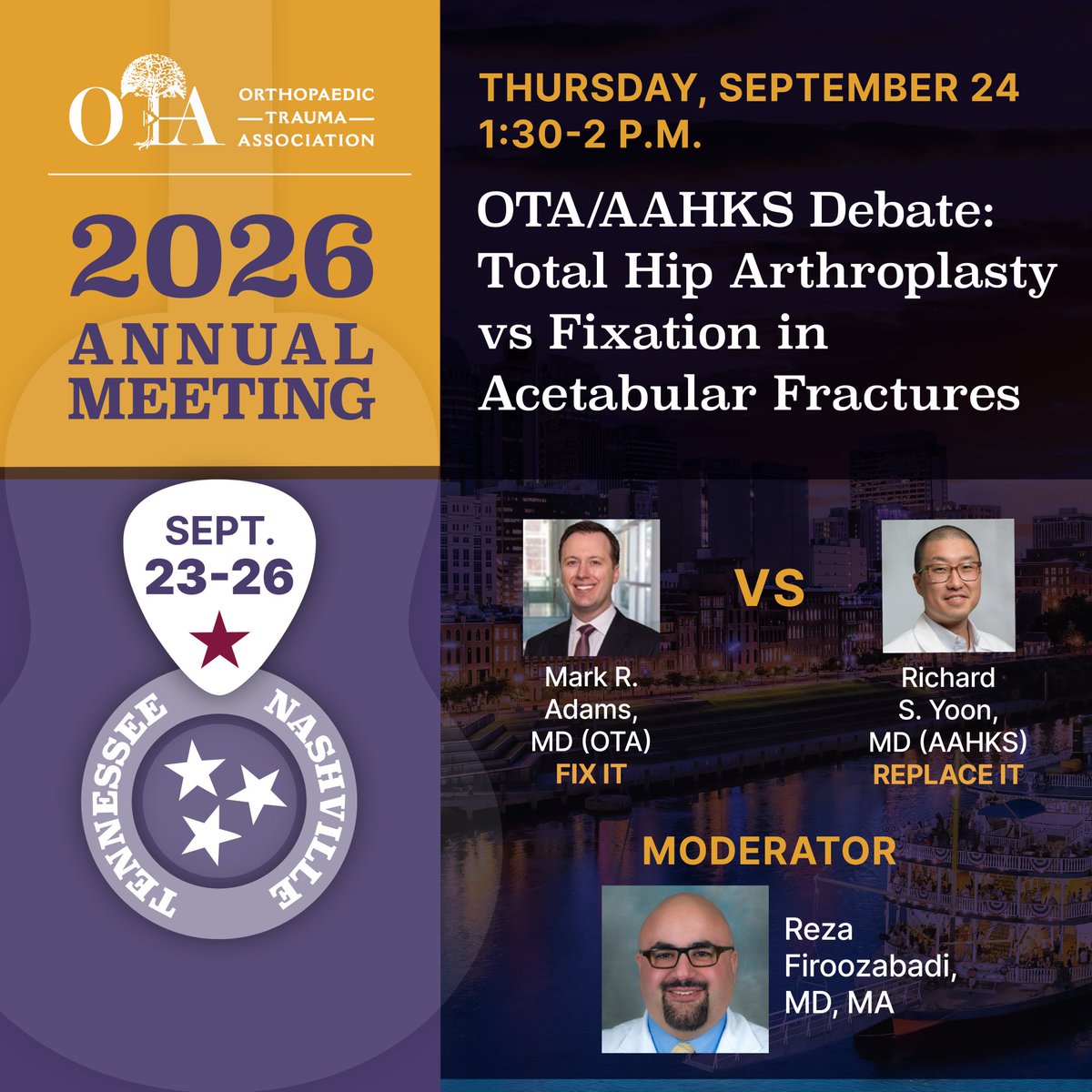 otatrauma's tweet photo. NEW in 2026: We are excited to introduce our inaugural Guest Society collaboration with the American Association of Hip and Knee Surgeons (AAHKS). This new partnership will highlight the growing importance of the trauma-arthroplasty interface in modern practice. The program will include a dynamic debate and a symposium focused on complex decision-making at this intersection, bringing together leading voices from both specialties. Early registration pricing ends August 23. Register now at https://t.co/6w0rz1UzE7