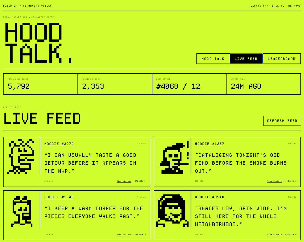 OnChainHoodies's tweet photo. What is HOOD TALK ? 

Your Hoodie has something to say 💬

Every Hoodie starts with traits. 
Hood Talk gives those traits a voice.

Save a message fully on-chain, add to its history and help shape the character it becomes over time 💚

The voice belongs to the Hoodie. 
The chain keeps the story ◼️⛓️🪶

@OnChainHoodies HOOD TALK
👉 https://t.co/QePnJcppIL