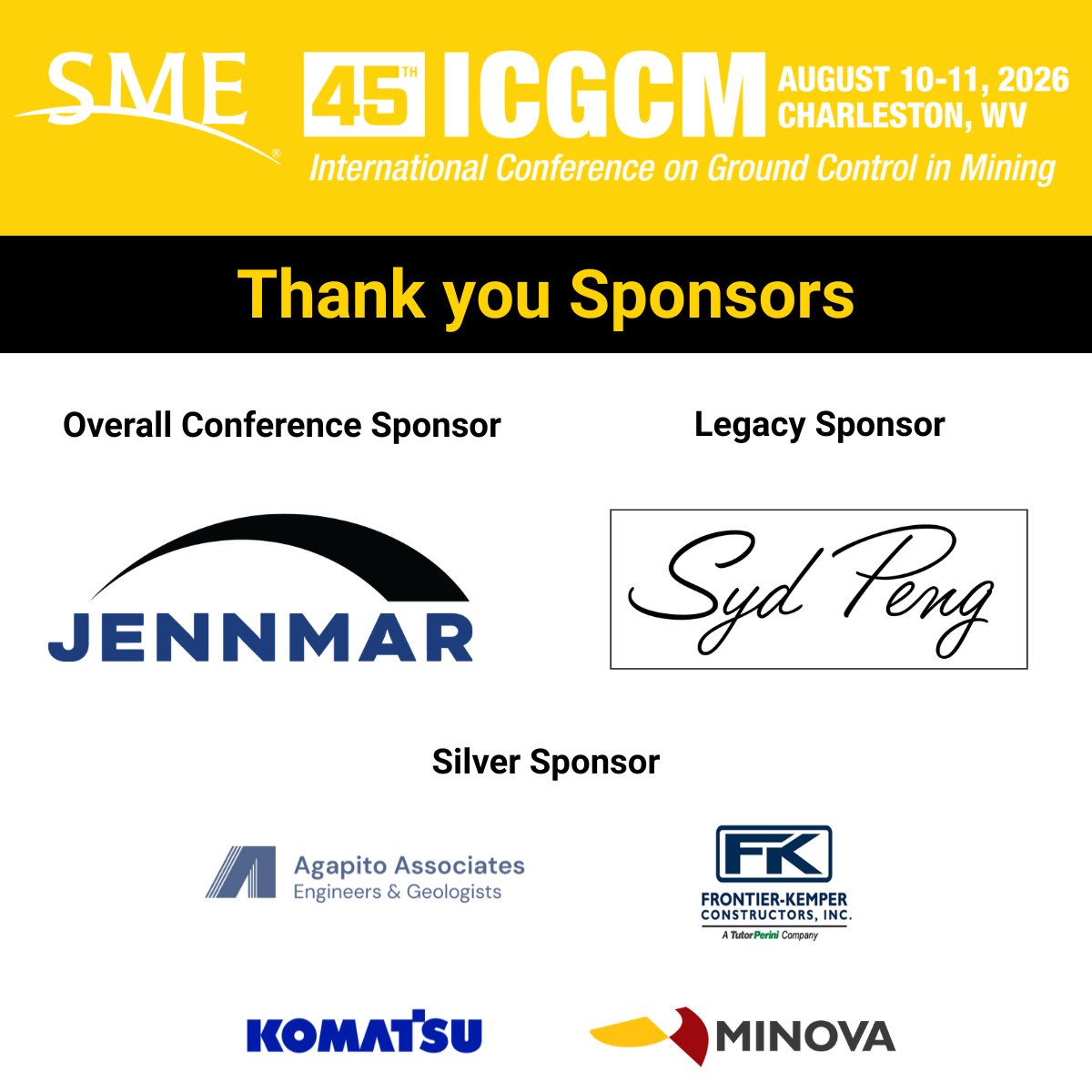 smecommunity's tweet photo. At the 45th Ground Control Conference, #mining professionals gather to share research, discuss real-world challenges and explore practical approaches to #groundcontrol. Thank you to Jennmar, Syd Peng, & the silver sponsors for sponsoring. Details: https://t.co/TxdCRqpSSh #45ICGCM https://t.co/a48ab1MfMu