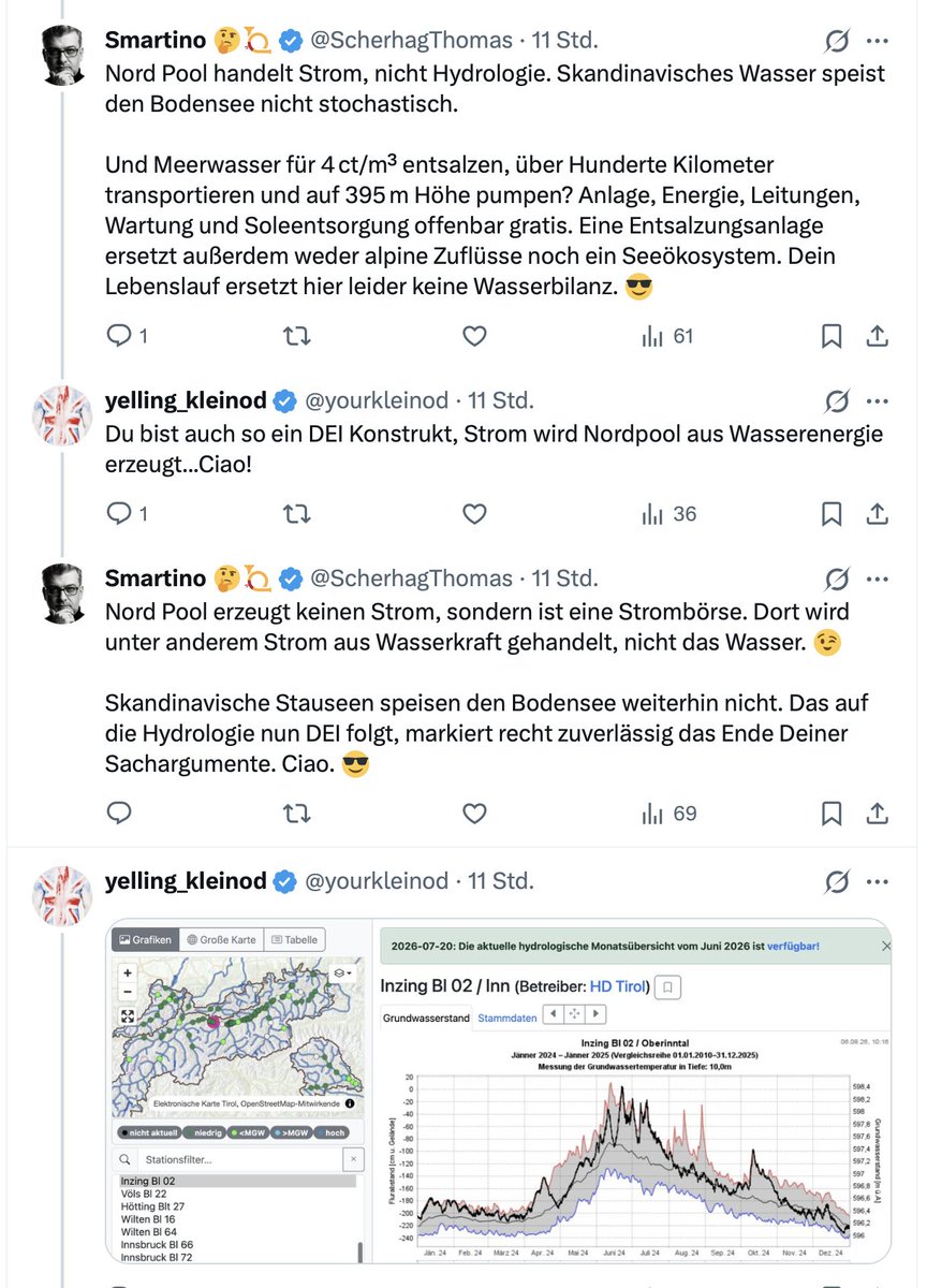 ScherhagThomas's tweet photo. aus der beliebten Reihe: 
"Rhetoriktricks am praktischen Beispiel." - heute: 
Wenn ein einzelner Messpunkt plötzlich „sämtliche Grundwasserpegel“ beweisen soll

Spaß mit Statistik. 📈😄

Noch ein schönes Beispiel dafür, wie Statistiken in Diskussionen nicht zur Aufklärung, sondern als rhetorische Einschüchterung eingesetzt werden.
Unter meinem Beitrag zum außergewöhnlich niedrigen Bodenseepegel schrieb ein Kommentator sinngemäß:
2024 sei einer der regenreichsten Sommer gewesen, sämtliche Grundwasserpegel hätten neue Maxima erreicht, in Skandinavien gebe es Wasser im Überfluss – und Wasser sei schließlich ein Kreislauf.

Später folgte eine Grafik. Und damit offenbar der Moment, an dem man beeindruckt nicken und die Diskussion für beendet erklären sollte.

Schließlich sieht man:
- eine Karte
- Messkurven
- schöne viele buntische Vergleichsbereiche
- Achsen
- Stationsnamen
- viele Zahlen

Das wirkt wissenschaftlich, daß wirkt seriös, daß wirkt unumstößlich aber mich - mich fordert sowas immer heraus, ich schaue es mir genau an. 

Denn "leider" wie so  oft in solchen Diskussionen zeigt die Grafik etwas völlig anderes als das, was behauptet wurde. 😄

1. Aus „sämtlichen Grundwasserpegeln“ wird genau eine Messstation
Die gezeigte Grafik stammt von:
Inzing BI 02 / Inn❗️

Sie zeigt einen einzigen Grundwassermesspunkt bei Inzing in Tirol. 🤫
- Nicht sämtliche Grundwasserstände Deutschlands.
- Nicht sämtliche Grundwasserstände Österreichs.
- Nicht sämtliche Grundwasserstände des Alpenraums.
- Einen einzigen Messpunkt.

Man muß wirklich nur genau hinsehen, dann springt es förmlich ins Auge.

Der Kontrahent versucht aus einer einzelnen Station eine Aussage über "sämtliche Grundwasserpegel" abzuleiten. Hat wohl bei Homburg gelernt. 
Er betreibt keine Verallgemeinerung mehr, sondern einen klassischen unzulässigen Schluss vom Einzelfall auf die Gesamtheit.

Die Grafik beweist nicht die Behauptung.
Sie dokumentiert aber sehr deutlich, wie weit die Behauptung über die Daten hinausgeht.

2. Die Messstation liegt im falschen Einzugsgebiet
Noch schöner wird es beim Blick auf die Karte.
Inzing liegt <taddaa> ... genau, am Inn. 

Der Inn fließt über die Donau ins <Überraschung> Schwarze Meer.

Er speist also nicht den Bodensee. 🤫

Für den Wasserstand des Bodensees sind vor allem dessen eigenes Einzugsgebiet und seine Zuflüsse relevant, insbesondere der Alpenrhein.
Ein hoher oder niedriger Grundwasserstand am Inn erklärt deshalb nicht den Pegel des Bodensees.

Das ist ein großer, geografischer Kategorienfehler:
Er präsentiert hier Messdaten aus einem anderen hydrologischen System, als seien sie für das diskutierte Gewässer unmittelbar aussagekräftig. <hier ein Emoji vorstellen, daß mit dem Finger ein unteres Augenlid herunterzieht>

Nur weil beides "Wasser" ist, gehört es noch lange nicht zur selben Wasserbilanz, denn dieser Logik folgend, könnte man einen vollen Stausee in Norwegen zeigen und daraus schließen, dass es im Bodensee keinen Wassermangel geben könne.

Wasser ist zwar Teil eines globalen Kreislaufs. Es teleportiert sich aber nicht zufällig zwischen europäischen Einzugsgebieten.

3. Grundwasserstand ist nicht Seepegel
Die Grafik zeigt einen Grundwasserstand.
Mein Beitrag behandelte aber den Wasserstand des Bodensees. 😄

Das sind unterschiedliche Messgrößen mit unterschiedlichen Einflussfaktoren:
Grundwasser reagiert je nach Boden, Geologie und Tiefe oft verzögert. Ein Seepegel hängt von Zuflüssen, Abfluss, Niederschlag, Verdunstung und Speicherwirkung ab.

Ein lokaler Grundwassermesspunkt sagt deshalb nicht automatisch etwas über die Wasserbilanz eines weit entfernten Sees aus.

Der rhetorische Trick besteht nun darin, einfach mehrere Begriffe unter dem Oberbegriff Wasser zusammenzuwerfen:
Regen, Grundwasser, Flüsse, Stauseen, Meerwasser und Seepegel werden behandelt, als seien sie austauschbare Größen.

Ein wilder aber eigentlich lustiger Kategorienmix.

4. Die Grafik zeigt das falsche Jahr
Die dargestellte Kurve betrifft 2024 beziehungsweise einen Vergleichszeitraum bis 2025.
Mein Beitrag behandelte jedoch den Pegel am 4. August 2026.
Ein regenreiches Jahr 2024 speist den Bodensee nicht automatisch zwei Jahre später.
Wasserspeicher existieren, aber sie sind weder unbegrenzt noch zeitlich beliebig übertragbar. 

Entscheidend sind die Niederschläge, Schneereserven, Zuflüsse und Verdunstungsverluste im relevanten Zeitraum.

Auch hier wechselt er das Thema:
Aus der Frage
Warum ist der Bodensee im August 2026 ungewöhnlich niedrig?

wird plötzlich:
Hat es irgendwo in Europa im Jahr 2024 viel geregnet?

Beides kann gleichzeitig wahr sein. Ein regenreiches Jahr 2024 widerlegt kein sommerliches Niedrigwasser 2026.

5. Selbst die gezeigte Kurve bestätigt die Behauptung nicht
Behauptet wurde, sämtliche Grundwasserpegel hätten neue Maxima erreicht, doch selbst die schwarze Kurve der ausgewählten Station zeigt keineswegs dauerhaft oder durchgehend neue Rekordwerte.
Die Grafik enthält zudem Vergleichsbereiche und Referenzkurven. Man muss sie nur tatsächlich lesen, statt sich von ihrer bloßen Existenz beeindrucken zu lassen.

Das ist ein häufiger Effekt, viele versuchen das:
- Jemand postet eine Grafik, weil sie auf den ersten Blick technisch und autoritativ wirkt. Dabei verlässt er sich darauf, dass kaum jemand
den Titel liest,
- den Messort prüft,
- die Achsen betrachtet,
- die Legende versteht,
- den Zeitraum vergleicht oder
- die geografische Lage kontrolliert.

Die Grafik ist dann keine Evidenz, sondern eine Kulisse und man kann sie gegen ihn verwenden, sobald man das begriffen hat.

6. Es folgt das persönliche Autoritätsargument
Als ich auf die unterschiedlichen Größen und Einzugsgebiete hinwies, kam sinngemäß:
Ich habe schon vor 30 Jahren Strom am Nord Pool gehandelt. 😩

Das ist ein Autoritätsargument aus einem fachfremden Bereich. Denn Nord Pool ist eine Strombörse.

Dort wird Strom gehandelt, unter anderem Strom aus Wasserkraft. Nord Pool produziert aber weder Strom noch verteilt die Börse Wasser über Europa. Erfahrung im Stromhandel kann interessant sein. Sie ersetzt jedoch keine hydrologische Bilanz des Bodensees.
Sein Lebenslauf ist kein Messwert.
Und Expertise in einem Gebiet überträgt sich nicht automatisch auf jedes benachbarte Thema.

7. Danach kommt die technische Wunderlösung
Anschließend bringt er tatsächich eine Entsalzungsanlage ins Spiel, die angeblich für vier Cent pro Kubikmeter unbegrenzt Frischwasser liefern könne. Ich habe eigentlich nur noch auf E-Fuel, hocheffizienten Verbrenner und Fussion gewartet. 😄

Damit wechselte er erneut das Thema. außerdem, selbst wenn eine Entsalzungsanlage Trinkwasser wirtschaftlich erzeugen könnte, müsste das Wasser
- produziert,
- aufbereitet,
- über Hunderte Kilometer transportiert,
- auf etwa 395 Meter Höhe gepumpt,
- durch Leitungsnetze verteilt und
- die entstehende konzentrierte Sole entsorgt werden.

Vor allem aber: Eine Entsalzungsanlage ersetzt keine alpinen Zuflüsse, keinen natürlichen Seepegel und kein Ökosystem. Sie könnte gegebenenfalls Trinkwasser bereitstellen. Sie kann aber nicht einfach die hydrologische Funktion eines Alpengewässers übernehmen.

Also eine reine Luftnummer: Ein reales Umweltproblem wird nicht analysiert, sondern mit einer vermeintlichen technischen Universallösung weggewischt, Marke CSU/FDP.

8. Wenn die Sachargumente enden, folgt "DEI"
Nachdem die fachlichen Einwände unbeantwortet blieben und er argumentativ schachmatt war, kam:
"Du bist auch so ein DEI-Konstrukt. 😩"

Das ist rhetorisch besonders aufschlussreich.
Die Diskussion sprang als Tiger 🐅 los mit:
- Niederschlag,
- Grundwasser,
- Zuflüssen,
- Einzugsgebieten und Seepegeln.

Und landete als Bettvorleger bei einer politischen Beschimpfung, die mit keinem dieser Punkte etwas zu tun hat. 😉

Feindbildetikett
Wenn nach einer sachlichen Korrektur plötzlich „DEI“, „woke“ oder eine andere politische Chiffre auftaucht, markiert das zuverlässig den Moment, in dem die überprüfbaren Argumente verlassen werden.

Die Grafik, die einen erschlagen sollte, widerlegt nicht den ursprünglichen Beitrag. Sie widerlegt ihren eigenen Absender. Daher: Schaut genau hin.

Denn Karten, Überschriften, Legenden und Stationsnamen sind unerbittlich. Man muss sie nur lesen. Eine Grafik ist kein Argument, nur weil sie Achsen besitzt. 😎