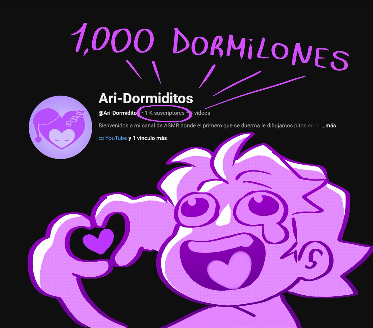 AriDibujitos's tweet photo. Llegué a los mil subs en mi canal de ASMR 🎙️💜

Mi comunidad allá se llaman "Dormilones" jeje llegamos a los mil dormilones en el canaaaaaal 💜💜💜💜

Tuve que subir un video improvisado para dar las gracias antes de que ya no sean mil XD 

ASMR: https://t.co/uLAlvxrMnn https://t.co/eHwbFNgM7S