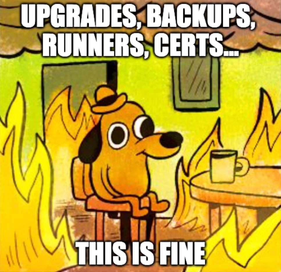 A cartoon dog sits calmly at a table, surrounded by flames, conveying a sense of denial amid chaos.