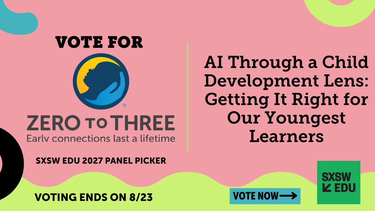 ZEROTOTHREE's tweet photo. AI conversations usually start with technology. We're starting with children. 

How can we tell when AI strengthens healthy development and when it gets in the way? 

Vote for our #SXSWEDU PanelPicker® session to help bring this conversation to the stage: https://t.co/BKhBOLghTC https://t.co/5FlD0tyHbZ