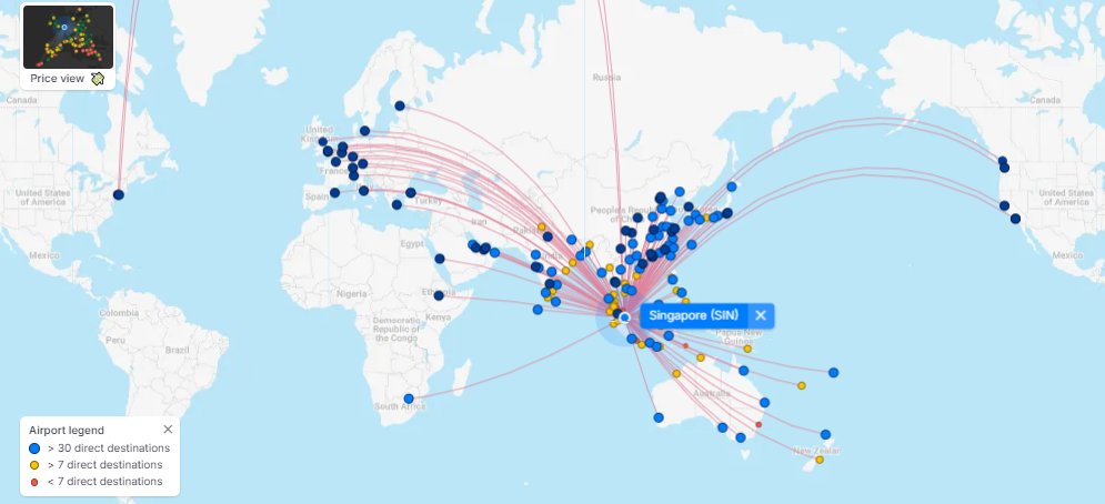 BrilliantMaps's tweet photo. Singapore Changi Airport (SIN) handles flights from more airlines than all but 8 other airports. 

The list: https://t.co/iveH3k1liC https://t.co/eNdrVikZh2