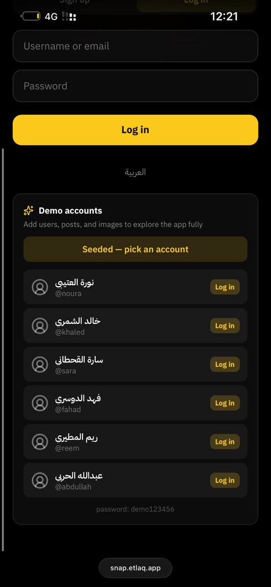 hammadojh's tweet photo. بنيت تطبيق سناب -تقريباً- في اقل من 30 دقيقة 😂 باستخدام @etlaqApp 

برومبت واحد فقط! استخدمت الطريقة اللي في الاقتباس وطلعت لي هذي النتيجة!

التطبيق كامل وشغال وبدون اخطاء برمجية ومستضاف داخل السعودية مع داتابيس ويدعم عربي وانجليزي.. 

ادخلوا جربوه بانفسكم 🫡
https://t.co/IPjHyplkvB

صفحة التسجيل فيه "حسابات تجريبة" اذا ما تبي تسجل.