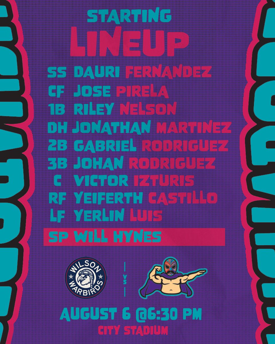 HCHowlers's tweet photo. Your Game 3 starters against the Wilson Warbirds. 

📍 City Stadium
📺 Bally Sports Live, https://t.co/qrDT1bMqkP, or MLB+
👂 Howlers Radio Network 
⏰ 6:30 PM ET

#PileDriveToTheFace🎭 https://t.co/zYQ2B4JE7b