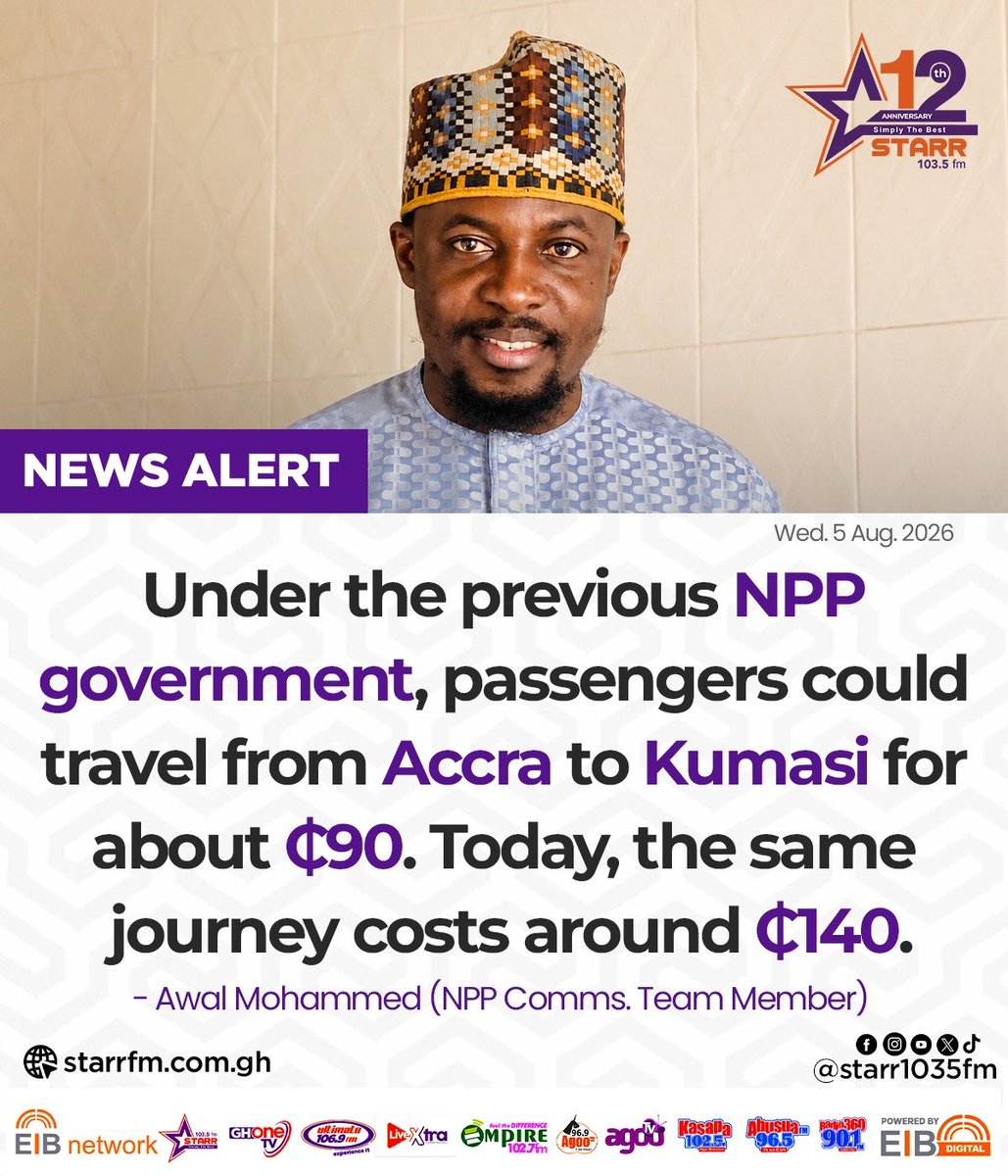 ghonetv's tweet photo. Under the previous NPP government, passengers could travel from Accra to Kumasi for about ₵90. Today, that same journey costs around ₵140... - Awal Mohammed (NPP Comms. Team Member)

#StarrFM
#GHOneNews #EIBNetwork
#GHOneTV #NewsAlert https://t.co/5Wnqe2HVlP