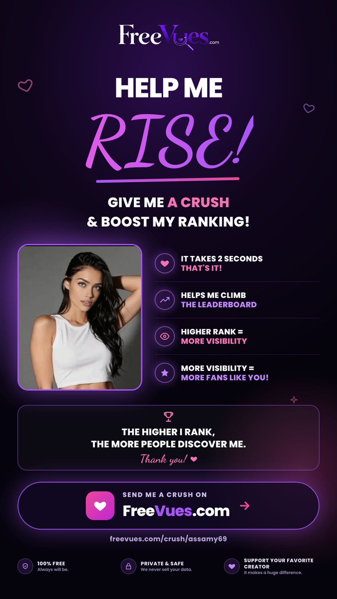 Assamy69's tweet photo. Give me a Crush on FreeVues 💘 It takes 2 seconds and helps me climb the leaderboard

https://t.co/LNq0skIa4n https://t.co/9Yr729cWdj