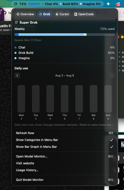 ModelMonitor menu-bar app showing weekly usage remaining and per-product breakdown