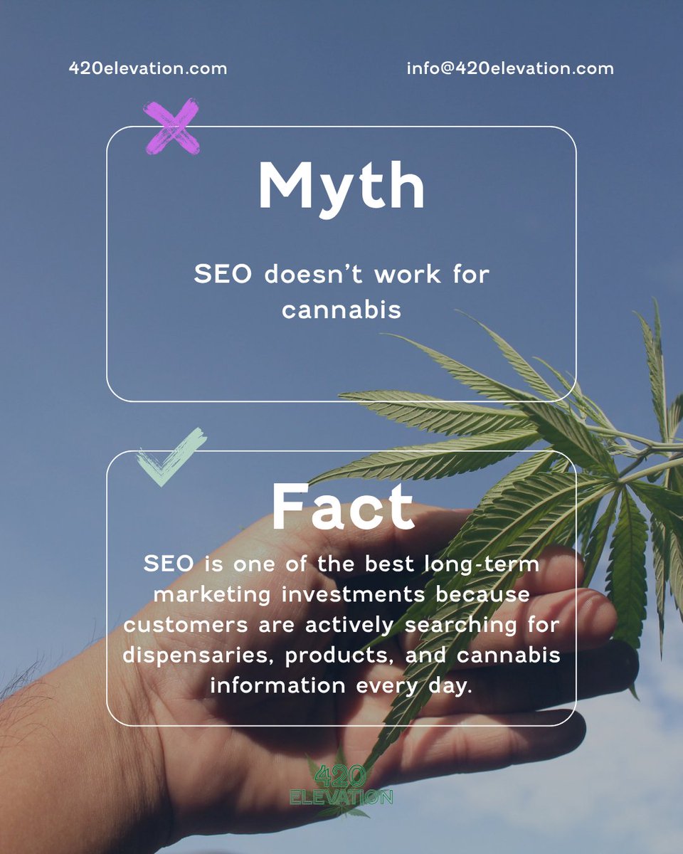 420__Elevation's tweet photo. When people say SEO doesn't work for cannabis, they're usually expecting instant results. 

That's not how SEO works. 

Long-term growth starts with a solid SEO strategy! Reach out to the team for your SEO needs today. https://t.co/uClN9CxARx https://t.co/o5SgAuYGcy