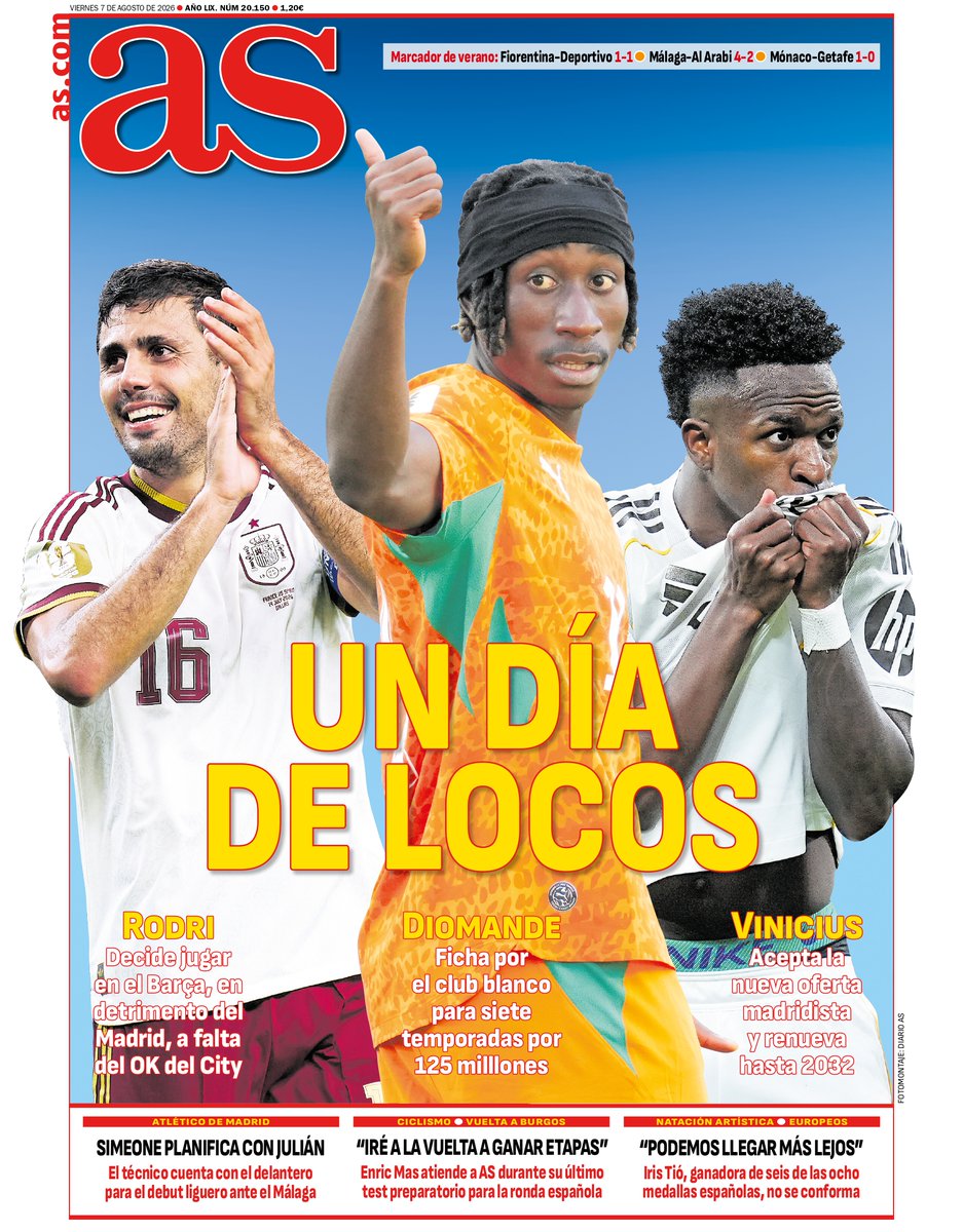 diarioas's tweet photo. ✨📰 ¡Ya está aquí la #PortadAS del viernes, 7 de agosto!

🤯 Un día de locos https://t.co/MwTKQILmIx