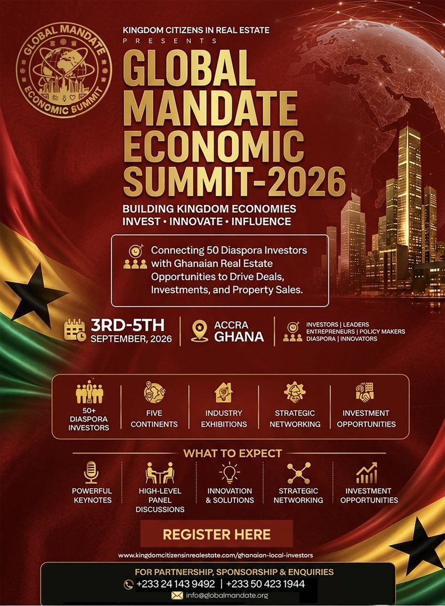 ghonetv's tweet photo. The future of Africa’s economy will be shaped by the people in the room. Will you be one of them?

Join the Global Mandate Economic Summit (GMES) 2026 for three days of investment, innovation, strategic networking, and high-impact conversations with diaspora investors, business leaders, policymakers, and entrepreneurs.

Swipe to explore what’s waiting for you—including our exclusive VVIP Access experience. Register now or send us a DM to secure your spot.

#GMES2026 #InvestInAfrica #BusinessLeadership #EconomicTransformation