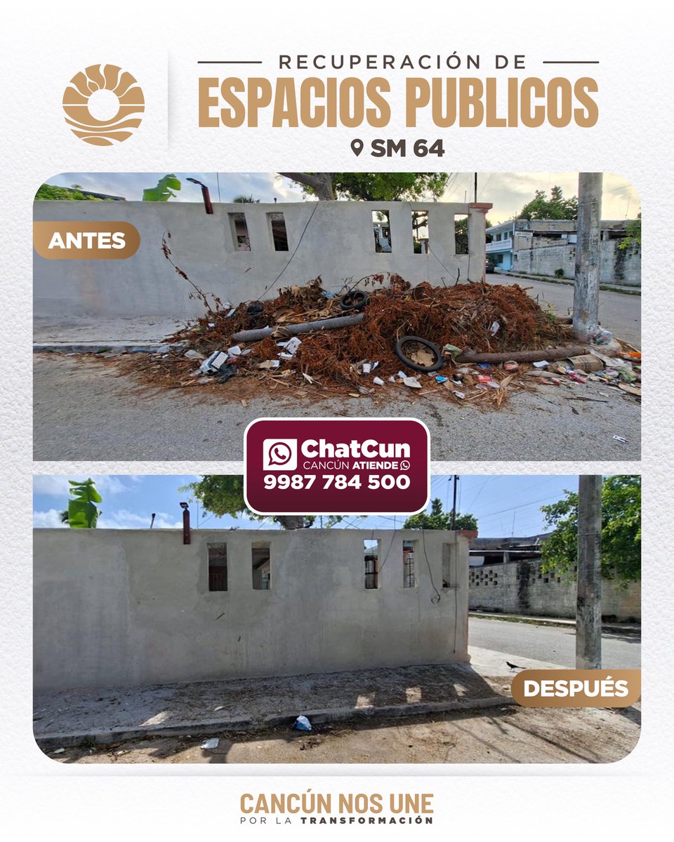AytoCancun's tweet photo. En atención a un reporte ciudadano, realizamos el retiro de cacharros y basura vegetal en la SM 64, mejorando la imagen urbana y contribuyendo a un entorno más limpio y seguro para las familias cancunenses. 🦺🧹
📲 Reporta vía WhatsApp a través de #ChatCun 9987 784 500. 🤝 https://t.co/oypMVpsOHj