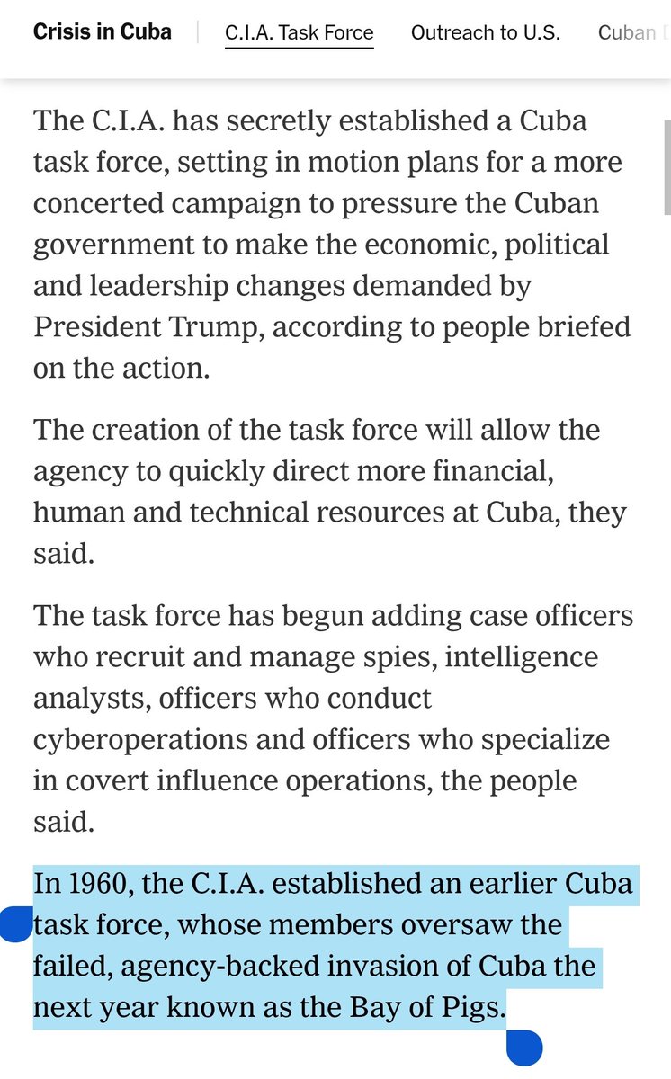 BenjaminNorton's tweet photo. While the US empire tries to kill as many Cubans as possible with a barbaric medieval-style blockade of the island, the CIA has set up a coup-plotting "task force" aimed at overthrowing the revolutionary government.

It is reminiscent of the CIA task force that oversaw the Bay of Pigs terrorist invasion in 1961.

The Trump administration has designated Cuba as "priority 1" (for regime change), alongside China, Iran, and Russia.
