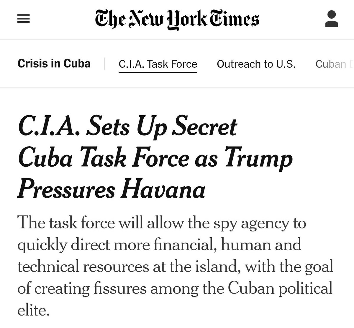 BenjaminNorton's tweet photo. While the US empire tries to kill as many Cubans as possible with a barbaric medieval-style blockade of the island, the CIA has set up a coup-plotting "task force" aimed at overthrowing the revolutionary government.

It is reminiscent of the CIA task force that oversaw the Bay of Pigs terrorist invasion in 1961.

The Trump administration has designated Cuba as "priority 1" (for regime change), alongside China, Iran, and Russia.