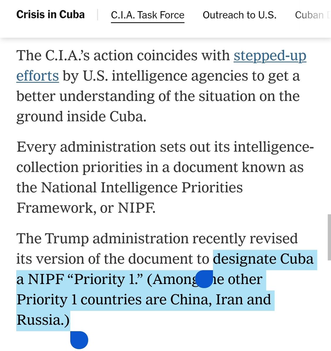 BenjaminNorton's tweet photo. While the US empire tries to kill as many Cubans as possible with a barbaric medieval-style blockade of the island, the CIA has set up a coup-plotting "task force" aimed at overthrowing the revolutionary government.

It is reminiscent of the CIA task force that oversaw the Bay of Pigs terrorist invasion in 1961.

The Trump administration has designated Cuba as "priority 1" (for regime change), alongside China, Iran, and Russia.
