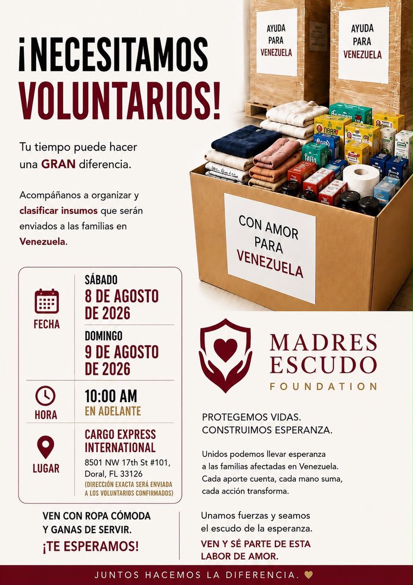 ElditaG's tweet photo. 🇻🇪 La Guaira aún nos necesita.
Si estás en el sur de Florida, dona un poco de tu tiempo y únete como voluntario para organizar y clasificar la ayuda que será enviada a las familias afectadas.

Cada mano cuenta. Cada hora de servicio puede marcar la diferencia. ❤️🤝
¡Te esperamos! https://t.co/xXlU19nhCI