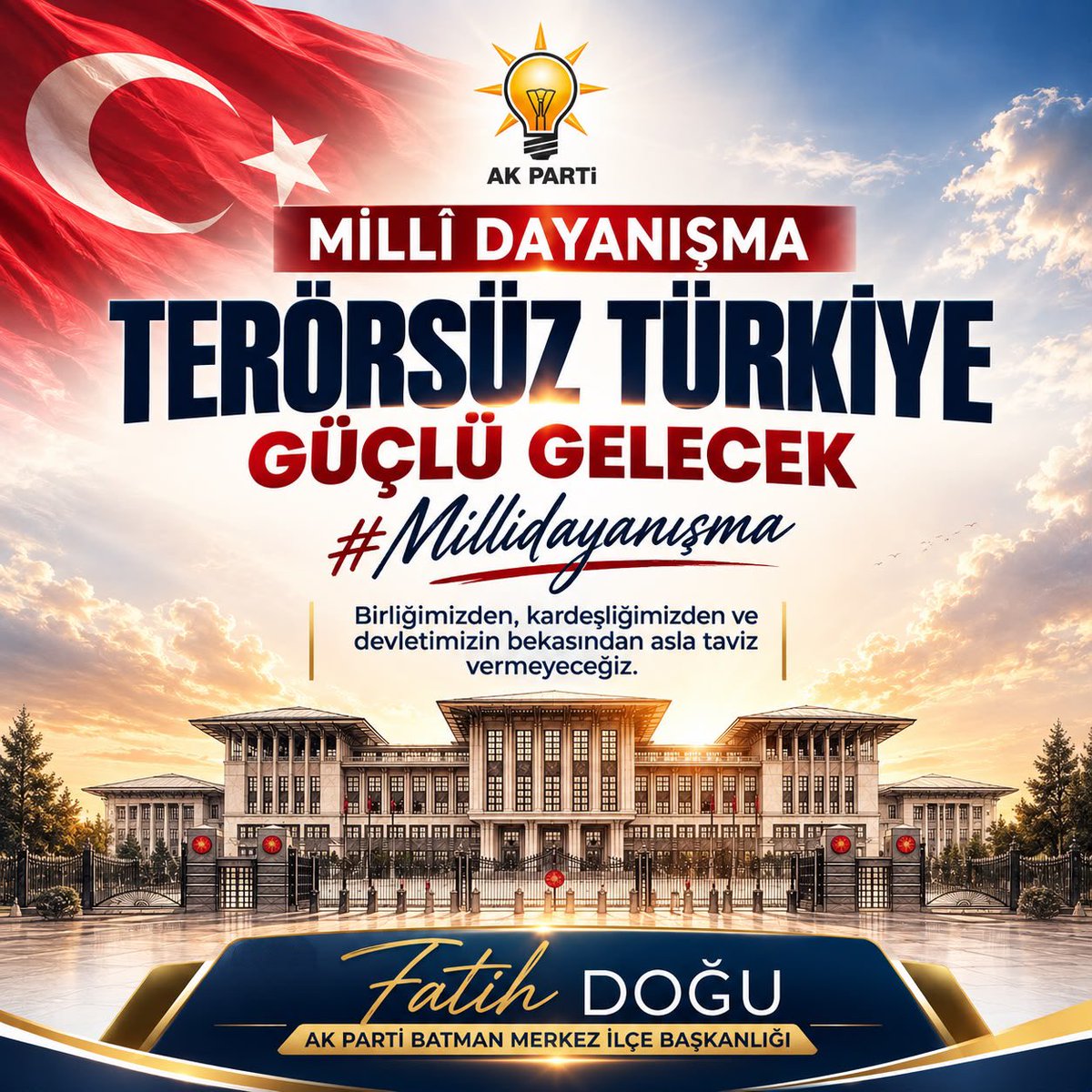 Fatihdogu1's tweet photo. Terörsüz Türkiye; güçlü, huzurlu ve müreffeh bir geleceğin en sağlam teminatıdır.

Genel Başkanımız ve Cumhurbaşkanımız Sayın Recep Tayyip Erdoğan’ın liderliği, Cumhur İttifakı’nın kararlı duruşu ve aziz milletimizin desteğiyle; birliğimizi, kardeşliğimizi ve devletimizin bekasını esas alan anlayışla yolumuza emin adımlarla devam ediyoruz.

Türkiye’nin enerjisini terörle mücadeleye değil; üretime, yatırıma, kalkınmaya ve büyük hedeflere yönlendirecek Terörsüz Türkiye vizyonu, güçlü yarınların kapısını aralayacaktır.

Birlikte güçlü, birlikte Türkiye.

🇹🇷 #MilliDayanışma #TerörsüzTürkiye #GüçlüGelecek 

@abuyukgumus @fnasiroglu @AvukatErsanAksu @hakanaksu058 @SansiHuseyin