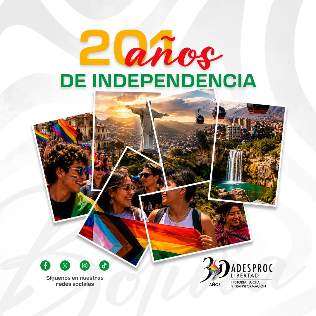 ADESPROC's tweet photo. 🇧🇴 A 201 años de la independencia de Bolivia, celebramos a un país que hoy se reconoce como diverso y el derecho de todas las personas, sin importar su orientación sexual, identidad y/o expresión de género 🏳️‍🌈🏳️‍⚧️, a vivir con libertad, dignidad e igualdad.

¡Feliz aniversario! 🇧🇴 https://t.co/RjgnvlKS61
