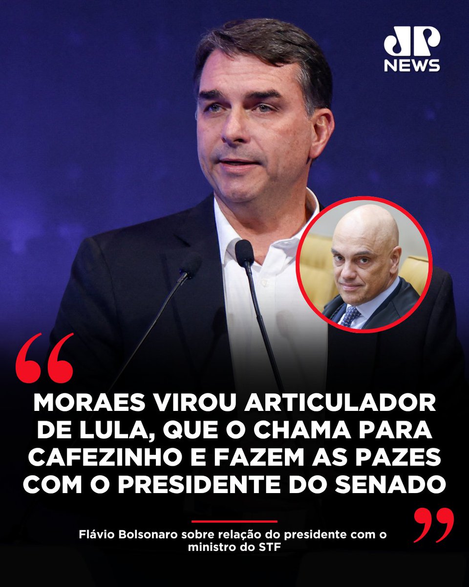 JovemPanNews's tweet photo. O candidato à Presidência pelo PL afirmou, em entrevista ao podcast Market Makers, que o ministro do Supremo Tribunal Federal (STF), Alexandre de Moraes, atua como articulador político do presidente Luiz Inácio Lula da Silva (PT). A declaração foi feita após Moraes intermediar uma reunião entre Lula e o presidente do Senado, Davi Alcolumbre (União-AP).

Segundo o candidato, "Moraes virou articulador político de Lula" e essa atuação "não pode ser normalizada". A reunião ocorreu em meio às tentativas do governo de reaproximar Lula e Alcolumbre para avançar com projetos considerados prioritários, como a PEC que propõe o fim da jornada de trabalho 6x1.

📺 Confira na JP News
📌 Siga o nosso perfil @jovempannews

#Brasil #JovemPanNews #Lula #Flávio #Moraes