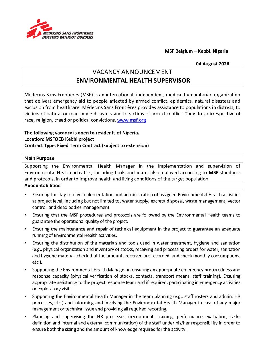 MalcolmAlkalee's tweet photo. VACANCY ANNOUNCEMENT: ENVIRONMENTAL HEALTH SUPERVISOR @MSF 

#NGOJob https://t.co/J9lTiVit4P