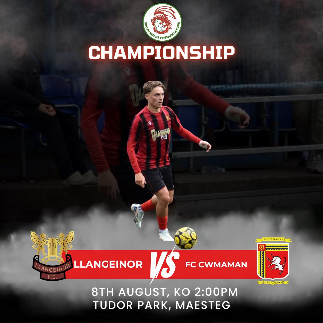 LlangeinorFC's tweet photo. 𝗠𝗮𝘁𝗰𝗵𝗱𝗮𝘆 | 𝗦𝗼𝘂𝘁𝗵 𝗪𝗮𝗹𝗲𝘀 𝗖𝗵𝗮𝗺𝗽𝗶𝗼𝗻𝘀𝗵𝗶𝗽⚽️

Our First Team is ready to begin the 2026/27 South Wales Championship campaign.

🆚 FC Cwmaman
📆 8th August
🏟️ Tudor Park, Maesteg
📍 CF34 9LR
⏰ 2:00PM
🏆 SW Championship

#UppaLlan🔴⚫️ https://t.co/BJTzRN0FhL
