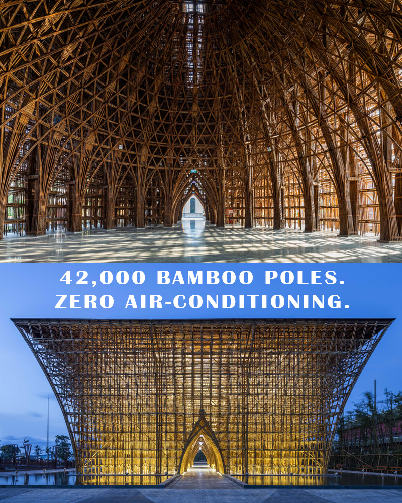 archpng's tweet photo. 42,000 bamboo culms. Zero artificial air-conditioning.

The Grand World Phu Quoc Welcome Center in Vietnam transforms two traditional cultural symbols—the lotus flower and the bronze drum—into a monumental bamboo structure.

Designed by VTN Architects, the 15,700-square-foot (1,460-square-meter) pavilion combines arches, domes and dense structural grids. Its open lattice walls and rooftop light well allow daylight and air to move naturally through the interior, eliminating the need for artificial cooling and minimizing daytime lighting.

The thousands of bamboo elements were assembled using ropes and pins, creating a gateway that functions simultaneously as architecture, structure and cultural symbol.

Architecture: VTN Architects
 Photography: Hiroyuki Oki
